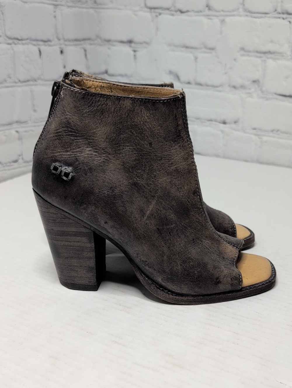 Bed Stu Onset Leather Distressed Handmade Peep Toe Boots With Block Heel